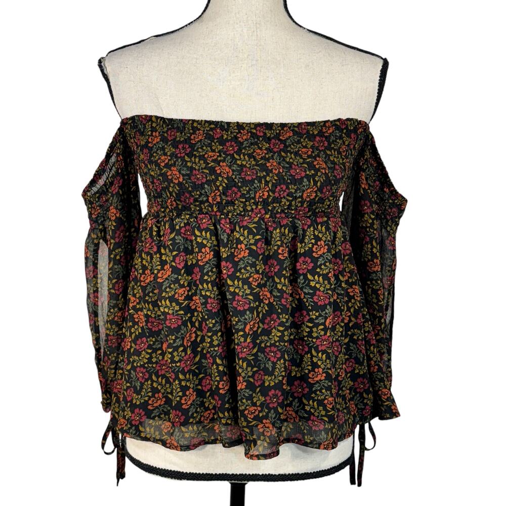 American Eagle X-Small Top Floral Off-Shoulder Lined Split 3/4 Sleeves Smocked